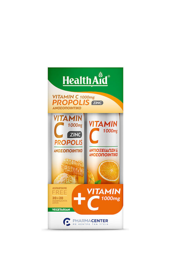 Health Aid Vitamin C 1000mg Propolis Zinc Γεύση Μέλι-λεμόνι 20 Αναβράζοντα Δισκία & Vitamin C 1000mg Γεύση Πορτοκάλι 20 Αναβράζοντα Δισκία