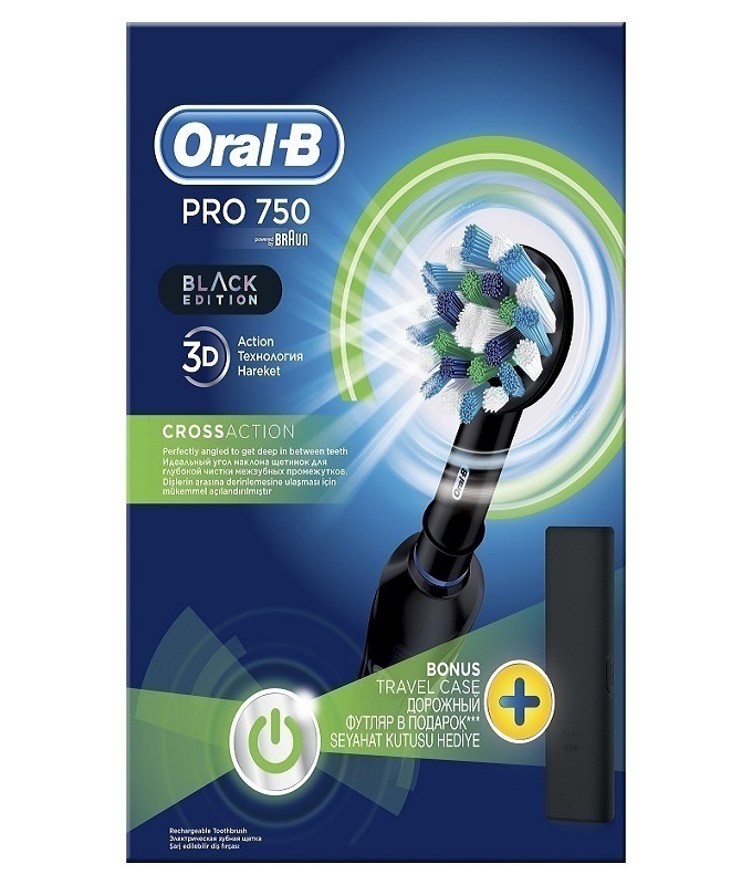 ORAL B PRO 750 3D Cross Action Black Edition Ηλεκτρική Οδοντόβουρτσα & ΔΩΡΟ Θήκη Ταξιδιού